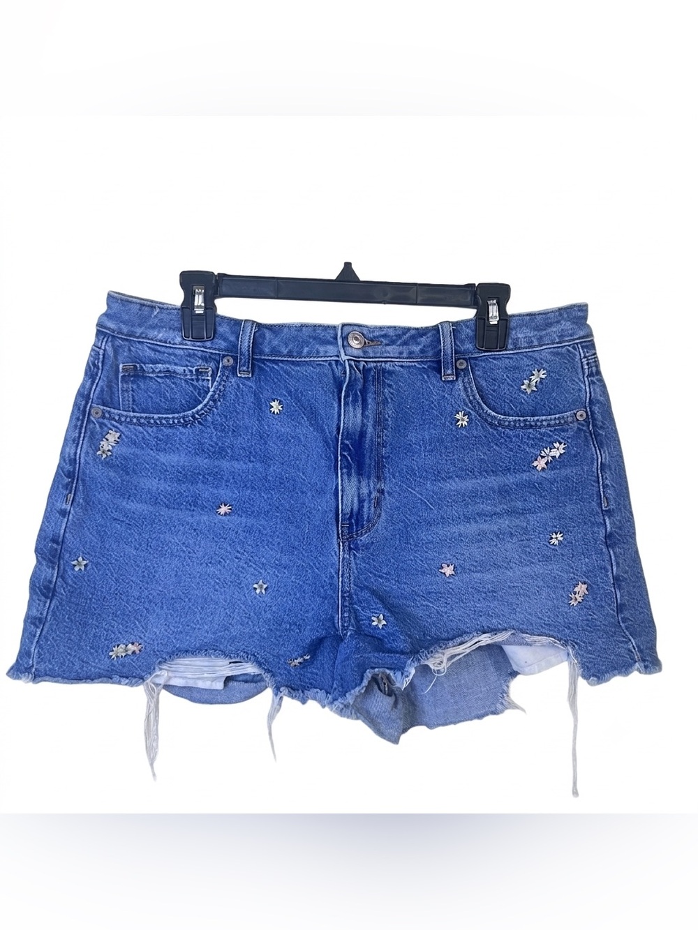Womens American Eagle Blue Denim Mom Shorts Floral Embroidery Raw Hem Size 16